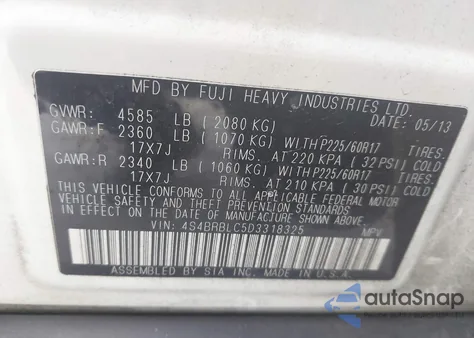 2013 Subaru Outback 2.5I Limited z USA, uszkodzony, nr VIN 4S4BRBLC5D3318325